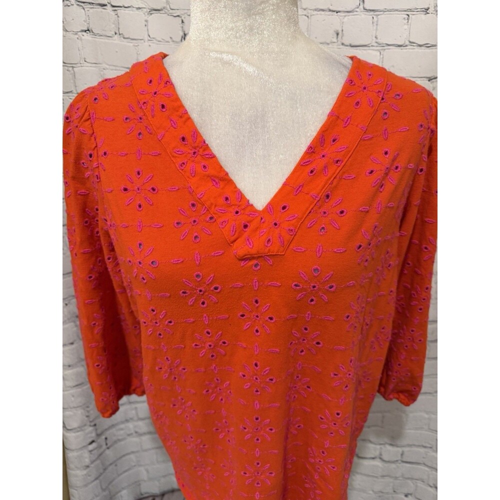 J Jill Womens Tunic Top Orange Pink Eyelet 3/4 Sleeves Cotton V Neck Blouse S - Picture 2 of 7